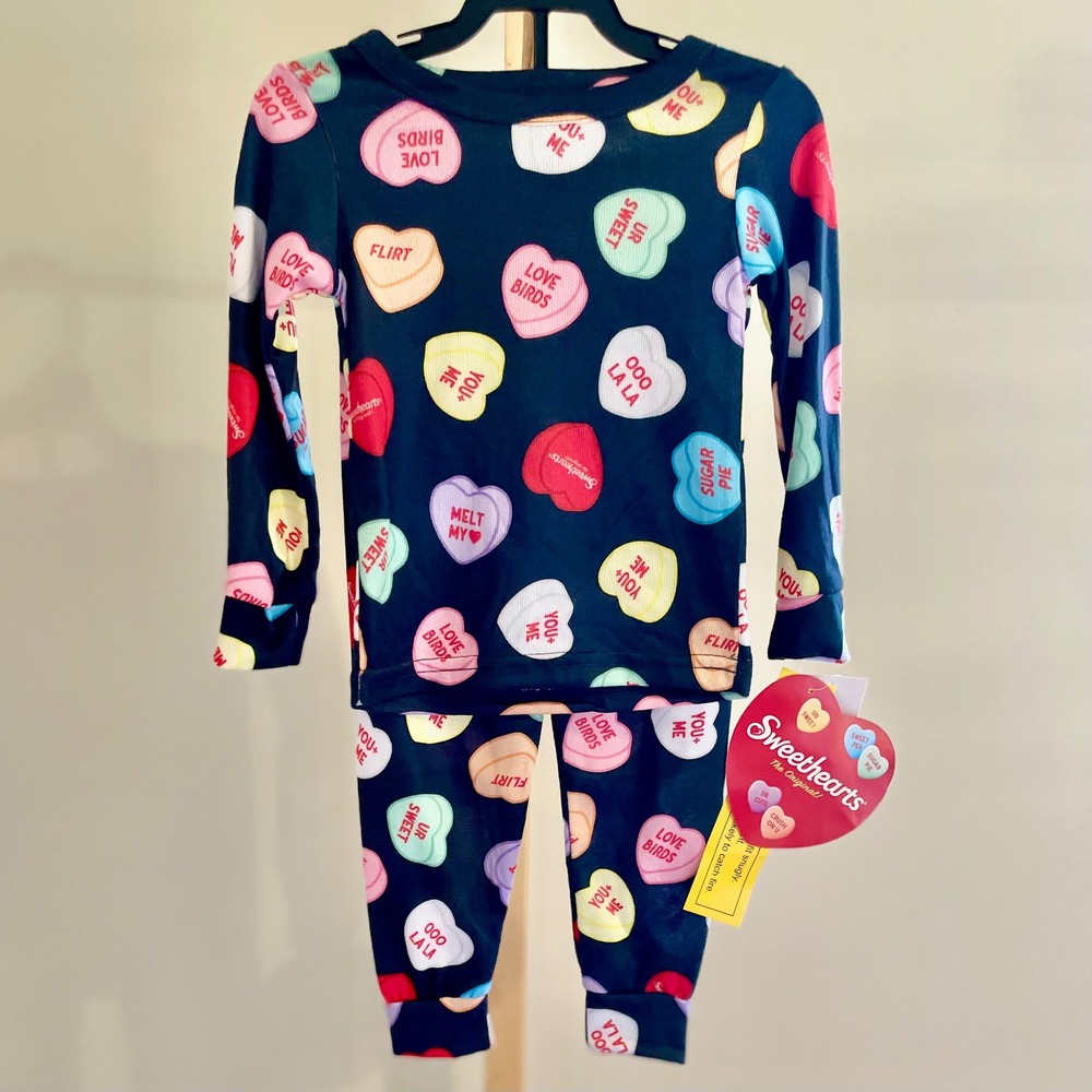 Sweethearts Conversation‎ Hearts Kids Ribbed Pajama Set Black Valentines Day